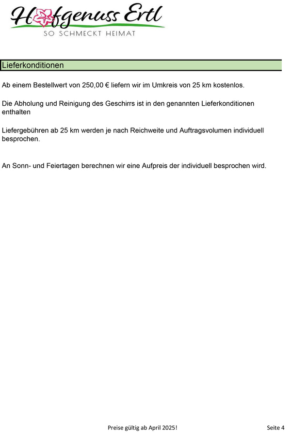 KI generiert: Das Bild zeigt eine Preisliste für Desserts von "Hofgenuss Ertl," die ab März 2025 gültig ist. Die Liste umfasst Artikel wie "Hausgemachtes Dessert im Glas" und "Hausgemachte Torte" mit jeweiligen Preisen und Artikelnummern.