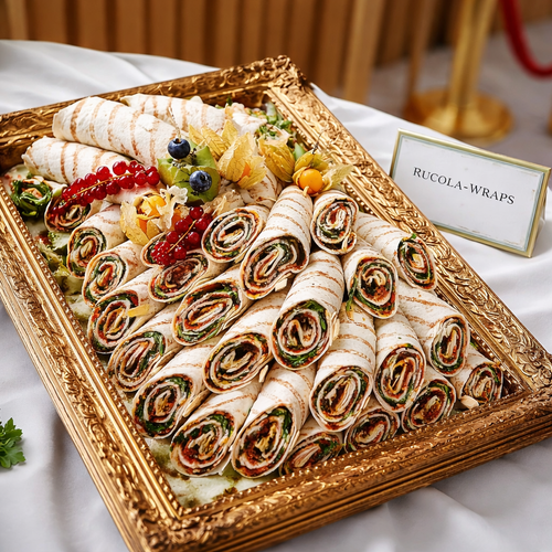 KI generiert: Goldgerahmte Platte mit Rucola-Wraps, dekoriert mit Beeren und Physalis. Text: "RUCOLA-WRAPS".