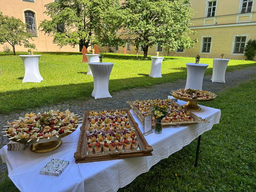 KI generiert: Buffettisch im Freien mit reichhaltigen Vorspeisen und Stehtischen auf einer Rasenfläche.