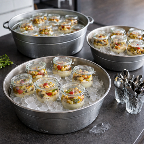 KI generiert: Verschlossene Gläser mit Speisen auf Eis in Metallschalen, daneben Gläser mit Löffeln.