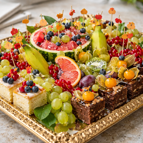 KI generiert: Ein dekoratives Tablett mit frischem Obst und kleinen Kuchenstücken.