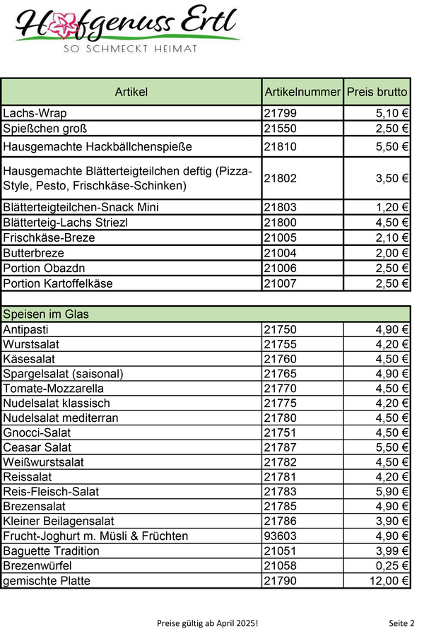 KI generiert: Das Bild zeigt eine Preisliste für verschiedene Fingerfood-Angebote von "Hofgenuss Ertl", gültig ab März 2025. Die Liste enthält Artikel wie Lachs-Wraps, Brezeln und gemischte Platten mit den jeweiligen Preisen.