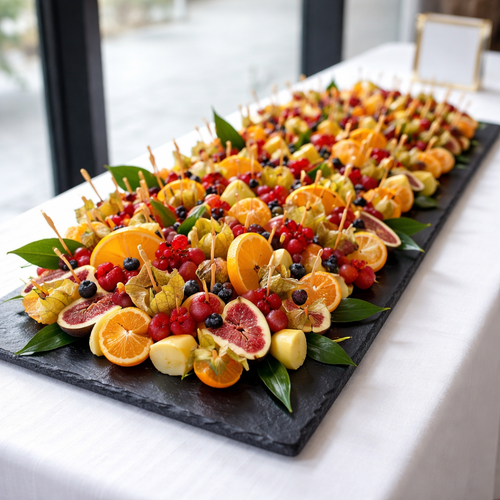 KI generiert: Bunte Obstplatte mit verschiedenen Früchten aufgespießt und dekorativ angerichtet auf einem Tisch.