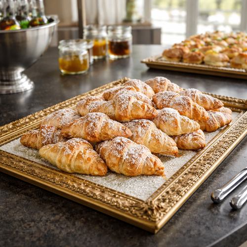 KI generiert: Ein Tablett voller Croissants, bestäubt mit Puderzucker, umgeben von elegantem Rahmen.
