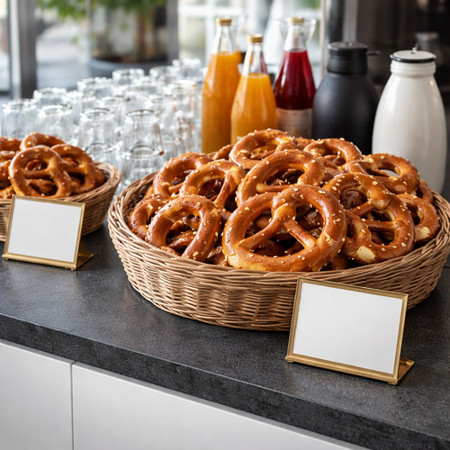 KI generiert: Körbe mit Brezeln auf einem Tisch, umgeben von Getränkeflaschen und leeren Etiketten.