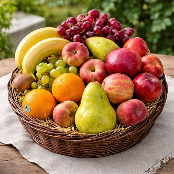 KI generiert: Ein Korb voller verschiedener Früchte wie Äpfel, Birnen, Bananen und Trauben auf einem Holztisch.