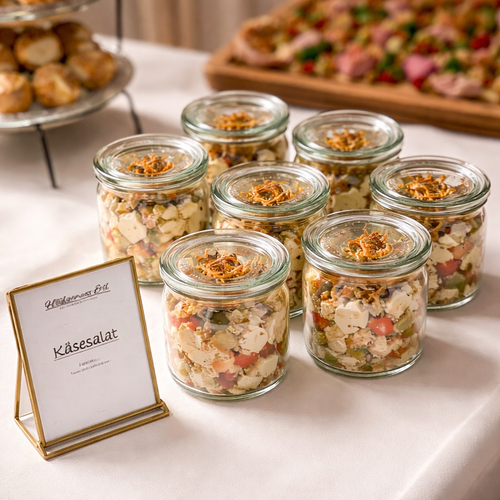 KI generiert: Gläser mit Käsesalat auf einem Tisch. Text: "Käsesalat" auf einem Schild.