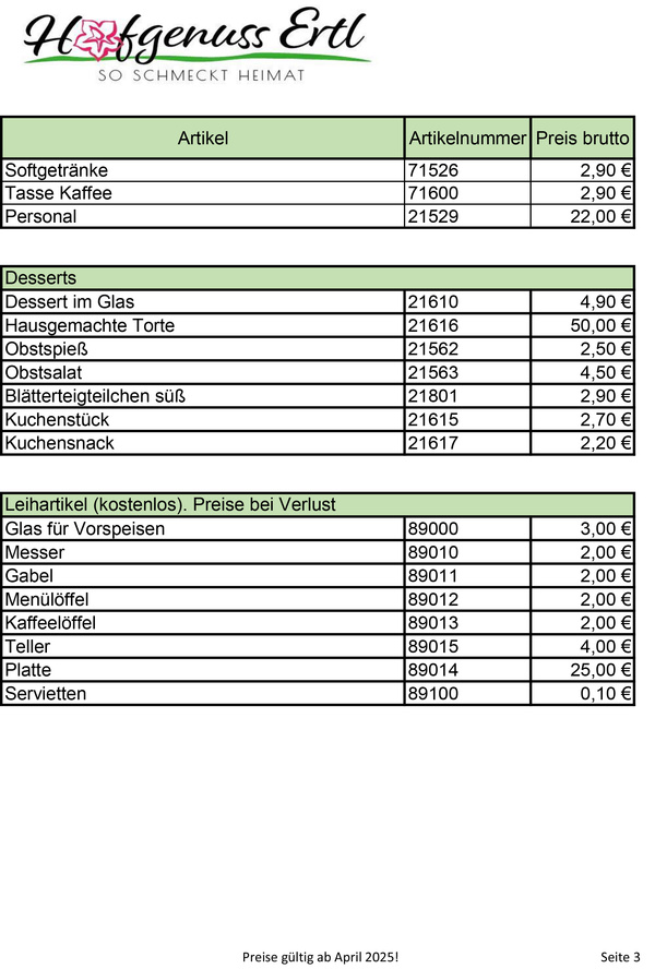 KI generiert: Das Bild zeigt eine Preisliste für hausgemachte Speisen im Glas von Hofgenuss Ertl, gültig ab März 2025. Die Liste umfasst verschiedene Salate und Gerichte, zusammen mit Artikelnummern und Preisen.