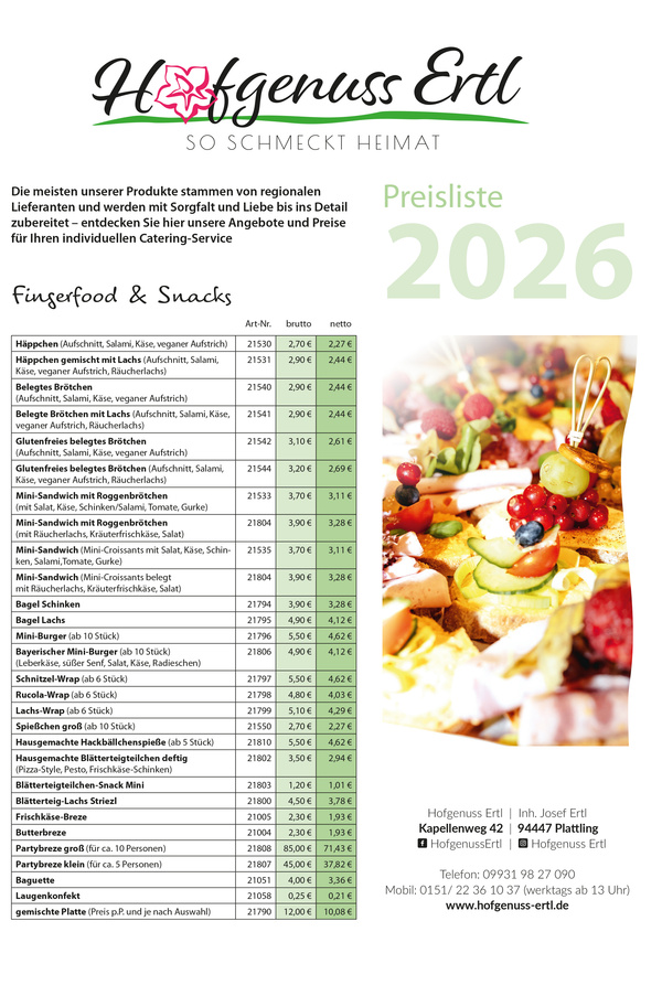 KI generiert: Das Bild zeigt ein Menü von Hofgenuss Ertl mit einer Liste von Fingerfood-Artikeln, ihren Artikelnummern und Preisen, gültig ab März 2025. Es bietet eine Auswahl an Brötchen, Sandwiches, Bagels und Wraps mit verschiedenen Belägen.