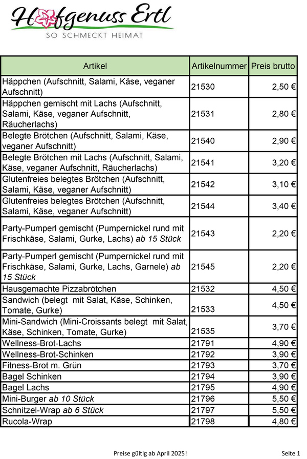 KI generiert: Das Bild zeigt ein Menü von Hofgenuss Ertl mit einer Liste von Fingerfood-Artikeln, ihren Artikelnummern und Preisen, gültig ab März 2025. Es bietet eine Auswahl an Brötchen, Sandwiches, Bagels und Wraps mit verschiedenen Belägen.