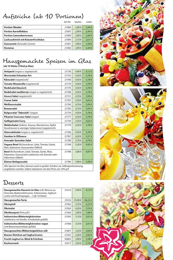 KI generiert: Das Bild zeigt eine Preisliste für verschiedene Fingerfood-Angebote von "Hofgenuss Ertl", gültig ab März 2025. Die Liste enthält Artikel wie Lachs-Wraps, Brezeln und gemischte Platten mit den jeweiligen Preisen.