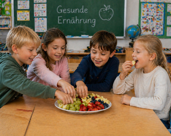 KI generiert: Kinder naschen Obst in einem Klassenzimmer. Text auf der Tafel: "Gesunde Ernährung".